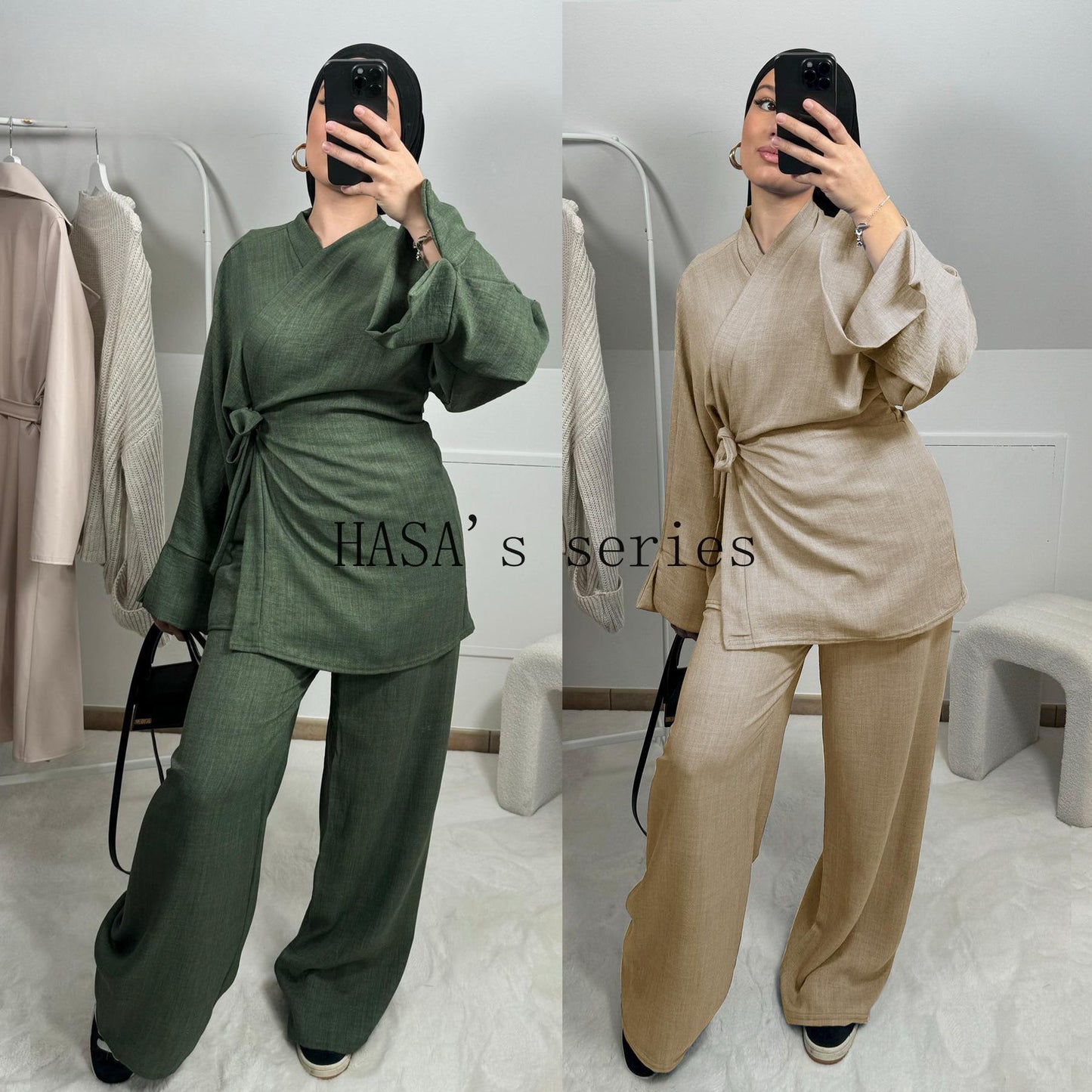 LUMAYA4830 A Simple, Tie-front Top Paired with Wide-leg Pants – A Comfortable Two-piece Set Suitable for Everyday Wear.