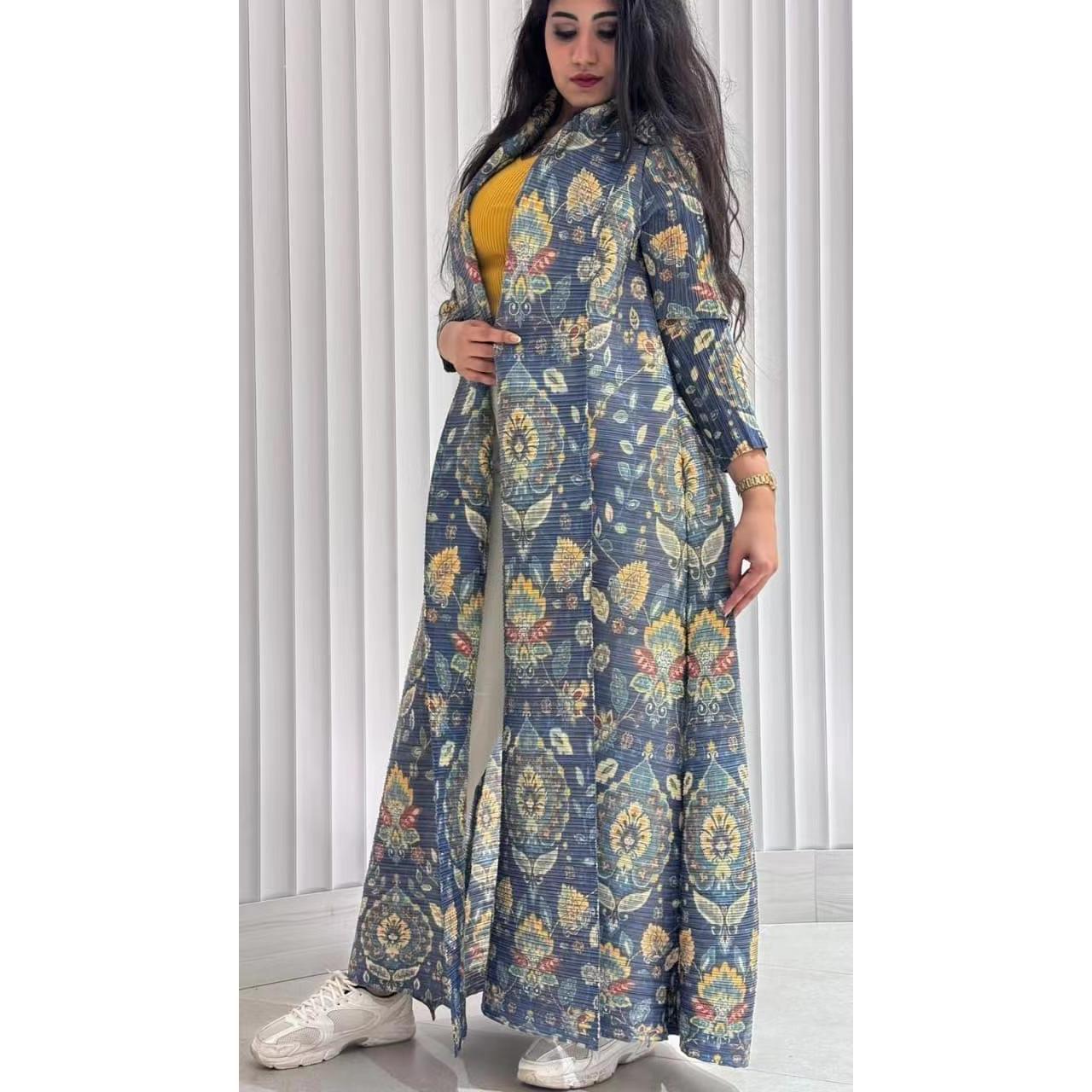 LUMAYA6708 Botanical Elegance , Teal Floral Kimono-Style Abaya