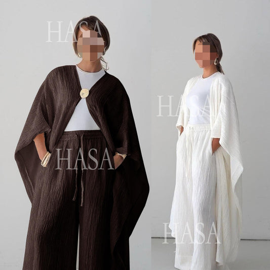 LUMAYA6486 Simple Cardigan with Wide-leg Pants, Solid Color Daily Two-piece Suit