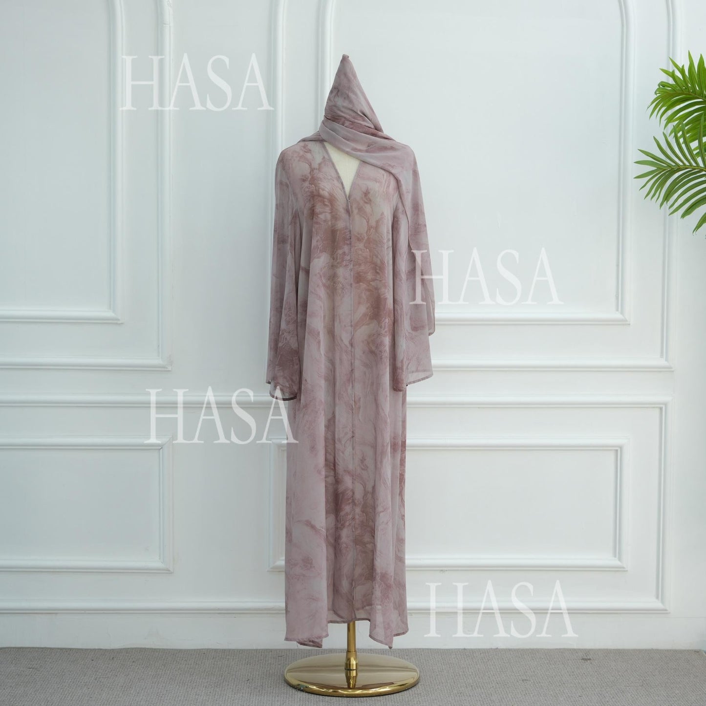 LUMAYA6551 Printed Abaya Cardigan with Matching Scarf Two-Piece Set