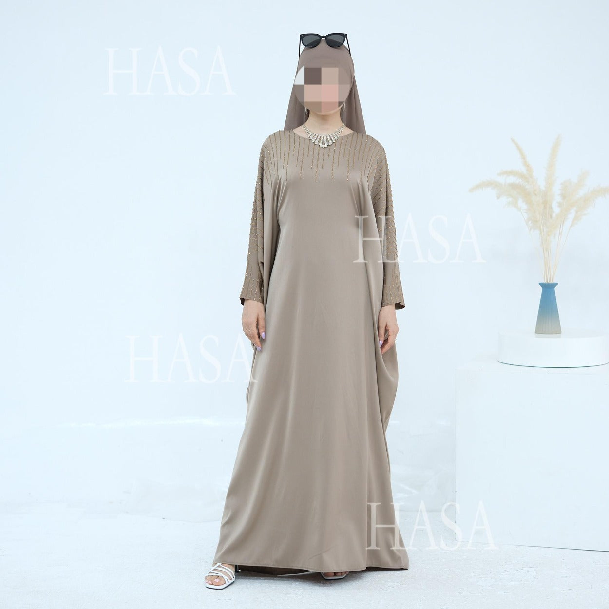 LM6610 Rhinestone-embellished long Abaya dress (headscarf not included)