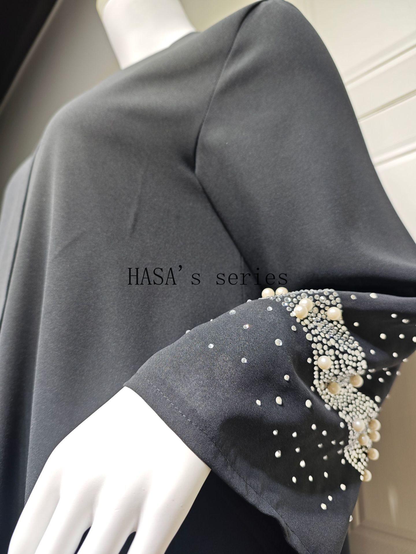 LUMAYA5097 Elegant Black Rhinestone-embellished Gown, Two-piece Beaded Set with Headscarf.