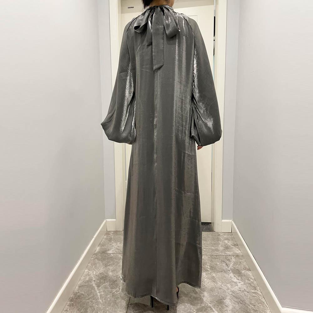 LUMAYA10043 LUMAYA  Large Lantern Sleeves Long Bright Silk Dress Stand Up Collar Back Tie Women's Dress Abaya