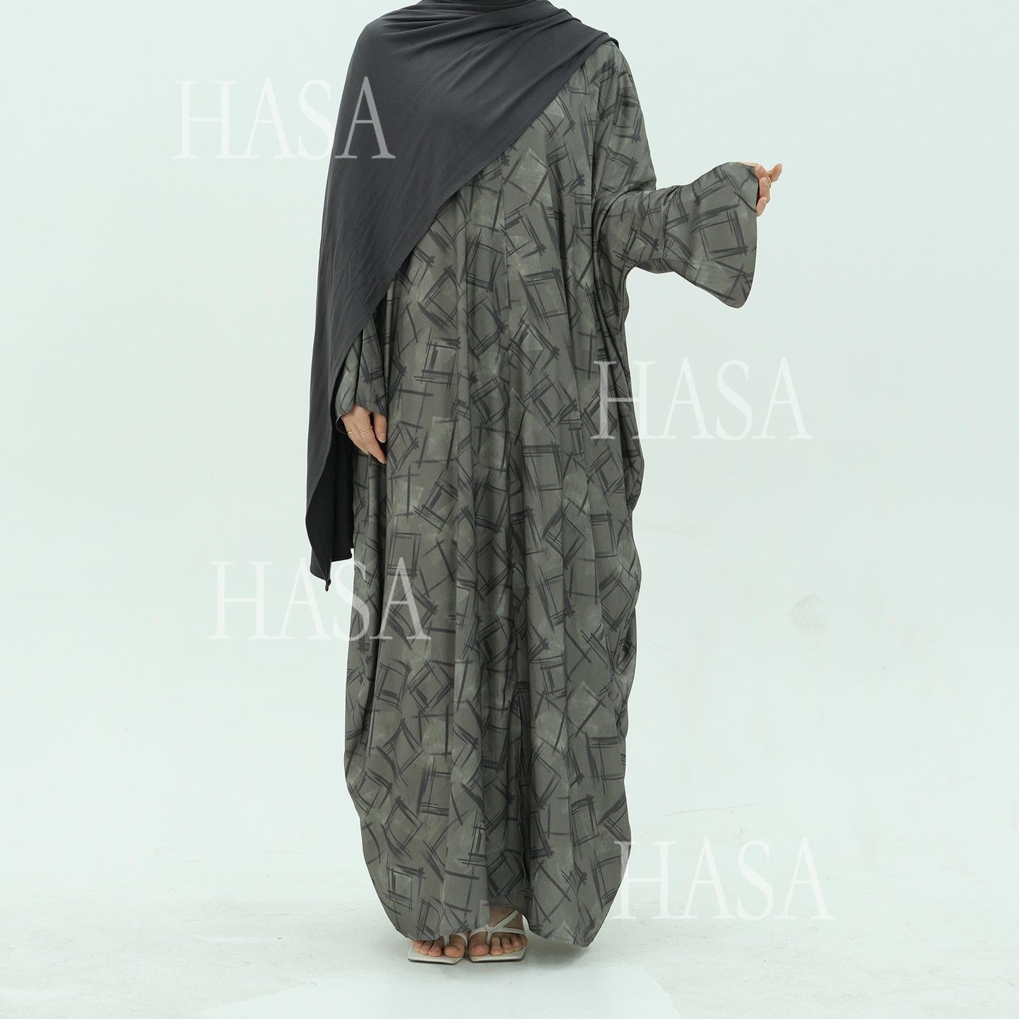 LUMAYA6504 Grey geometric print long cardigan Abaya (headscarf not included)