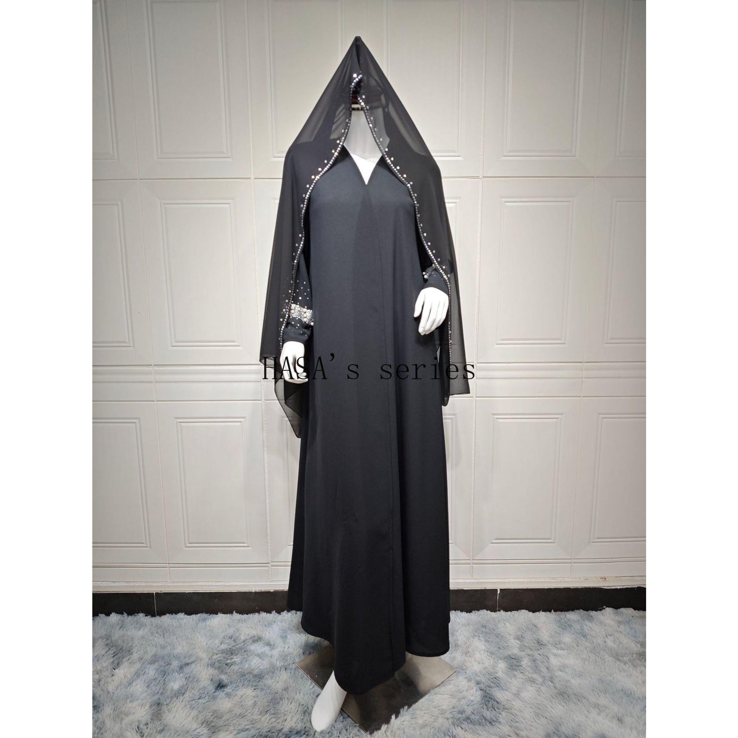 LUMAYA5097 Elegant Black Rhinestone-embellished Gown, Two-piece Beaded Set with Headscarf.