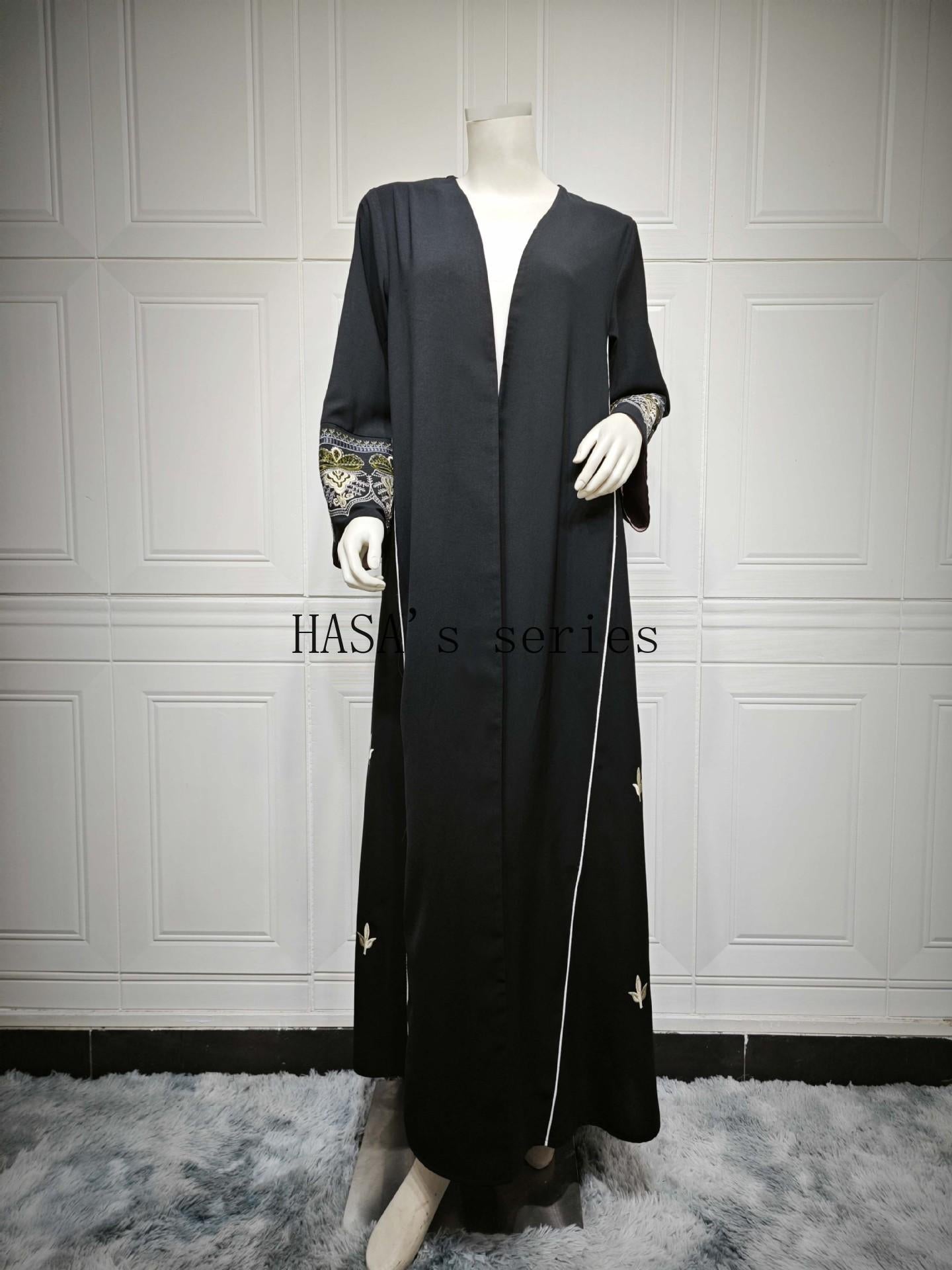 LUMAYA5090 Classic black embroidered patchwork robe, designed as a loose, open-front dress.