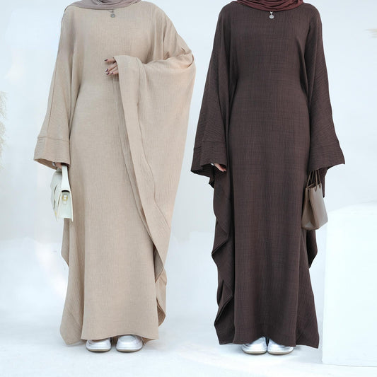 LUMAYA LM1177 Waist Raging Bat Sleeves Dress Crepe Kaftan with Built-in Belt