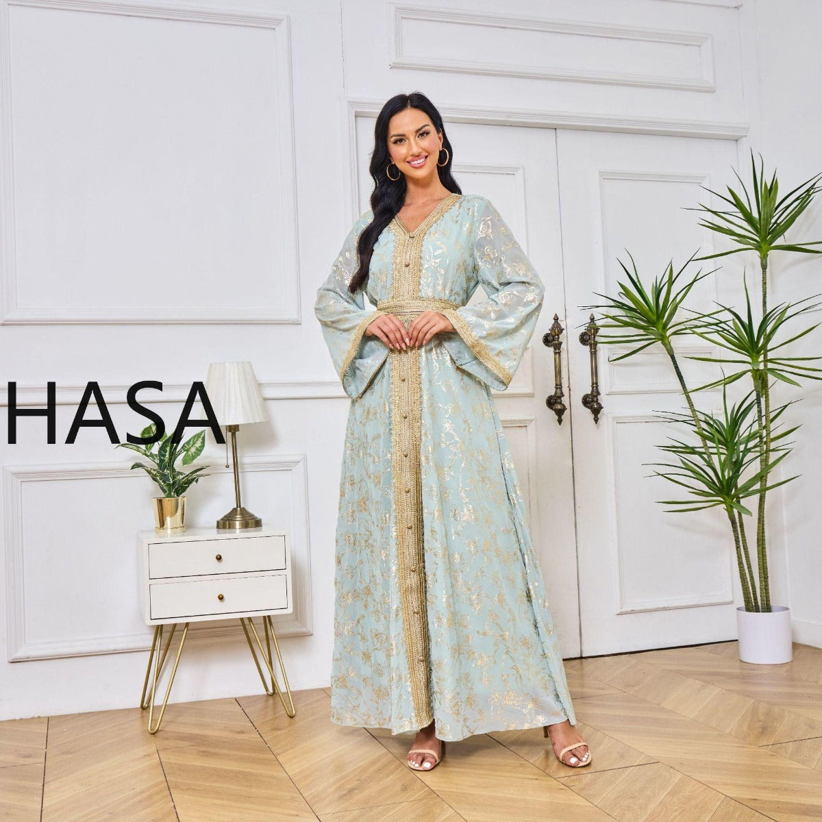 LM1249 Elegant Floral Abaya with Golden Detailing