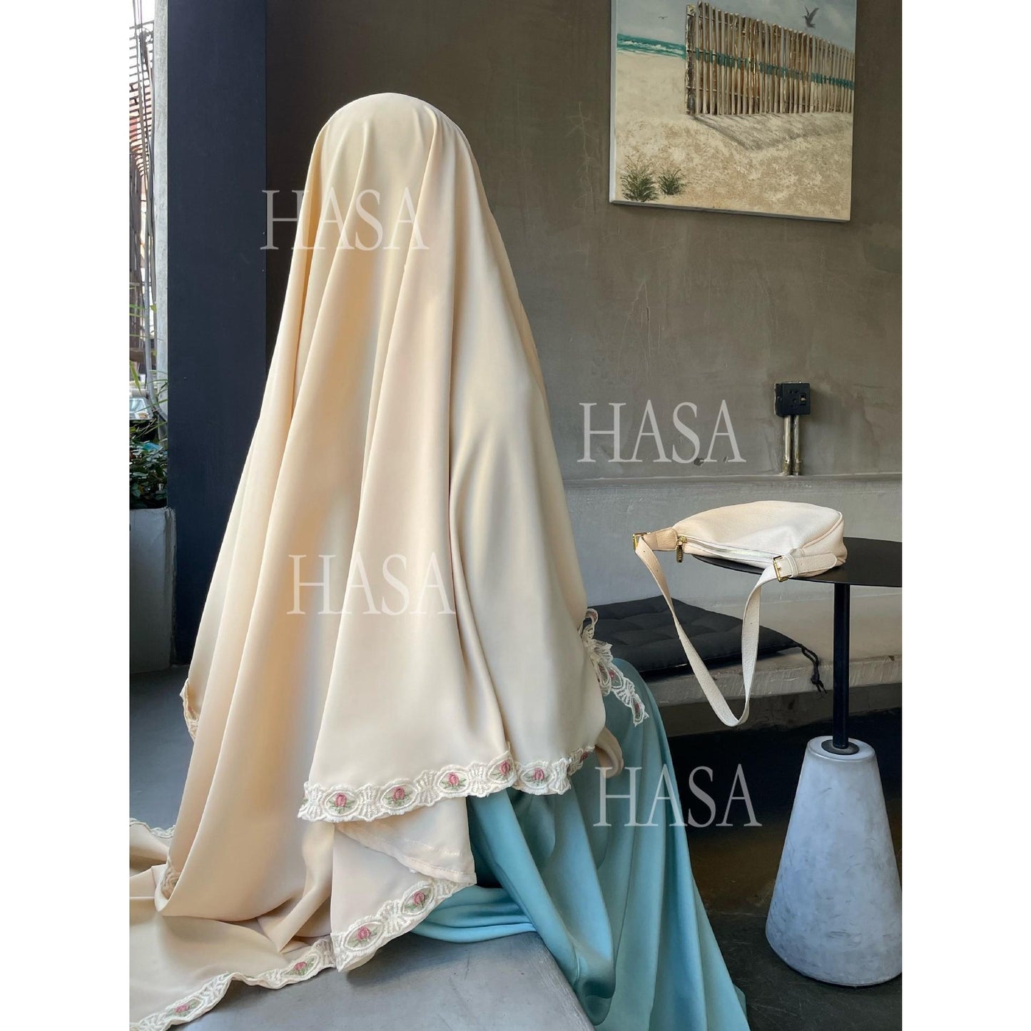 LM6569 Bow-decorated Solid Color Single-layer Headscarf with Three-layer Embroidery