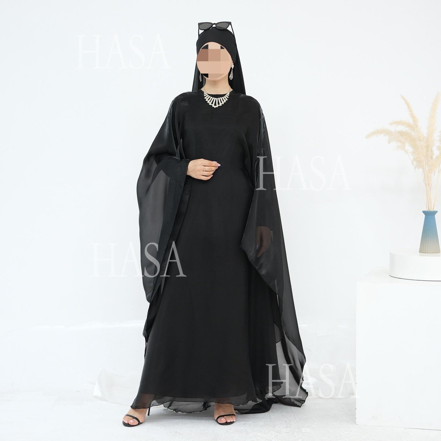 LUMAYA6524 Elegant two-piece solid-color robe and dress with optional headscarf