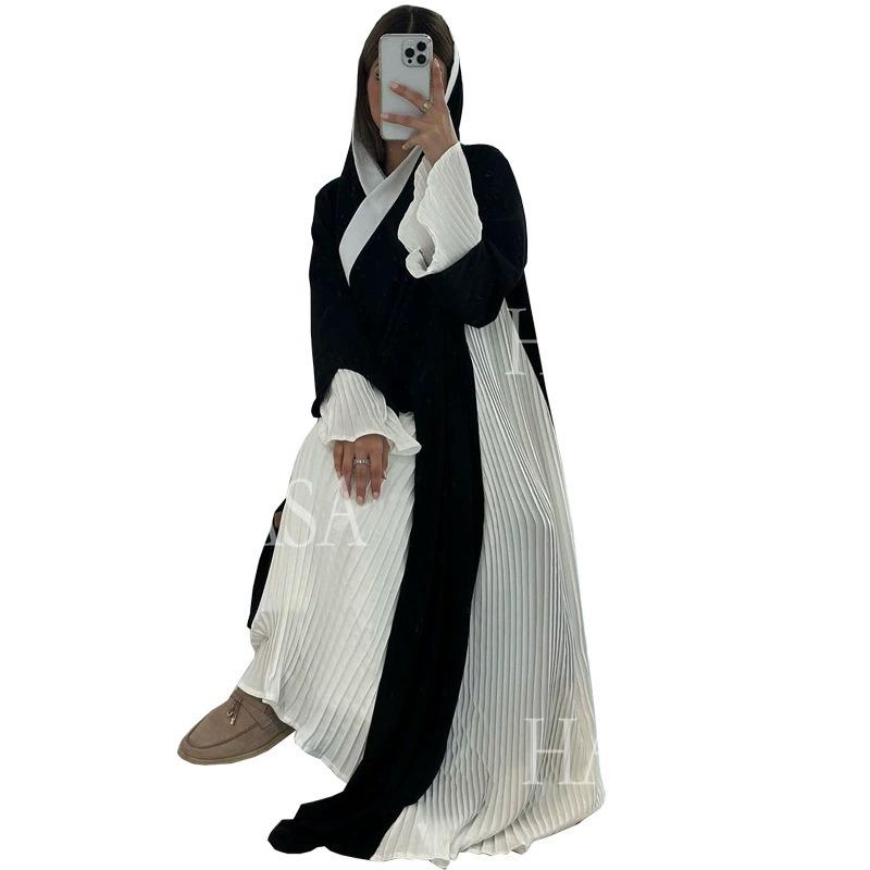 LM6567 Abaya Long Cardigan Coat with Pleated Panels