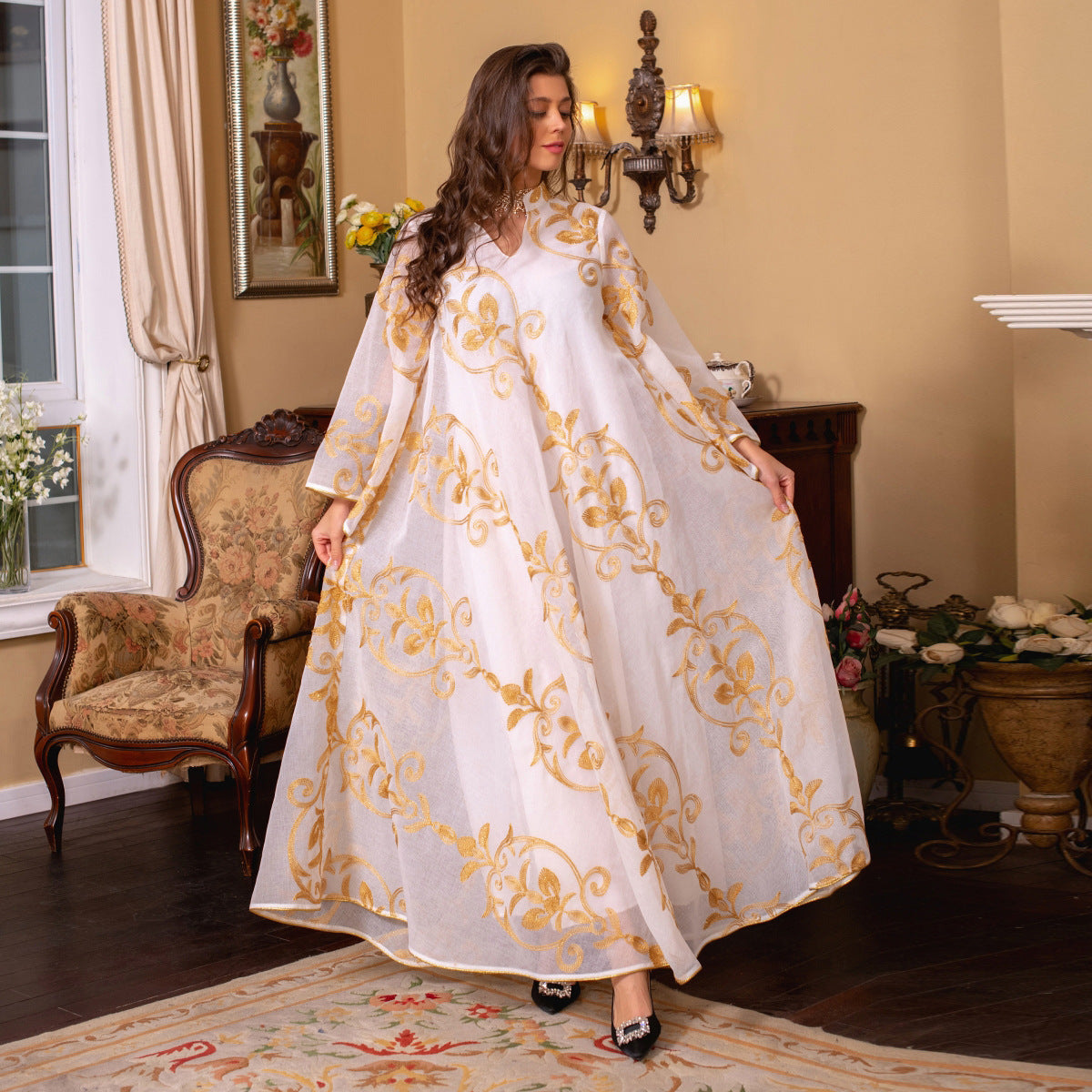 LM6650 Mesh Embroidered Maxi Dress - Elegant and Stylish
