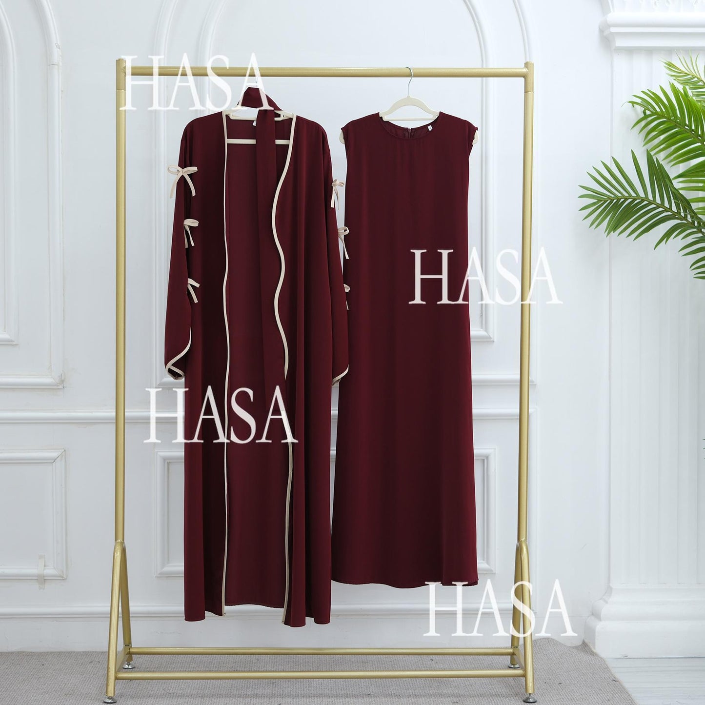 LUMAYA5883  A Two-piece Robe and Skirt Set with A Soft Bow and A Belt Design open abaya outfit