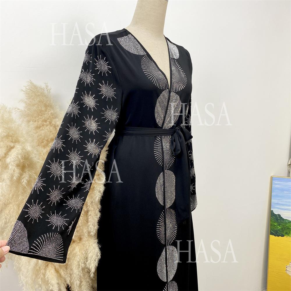 LM6588 Black Cardigan Dress with Rhinestone Embellishment and Pockets