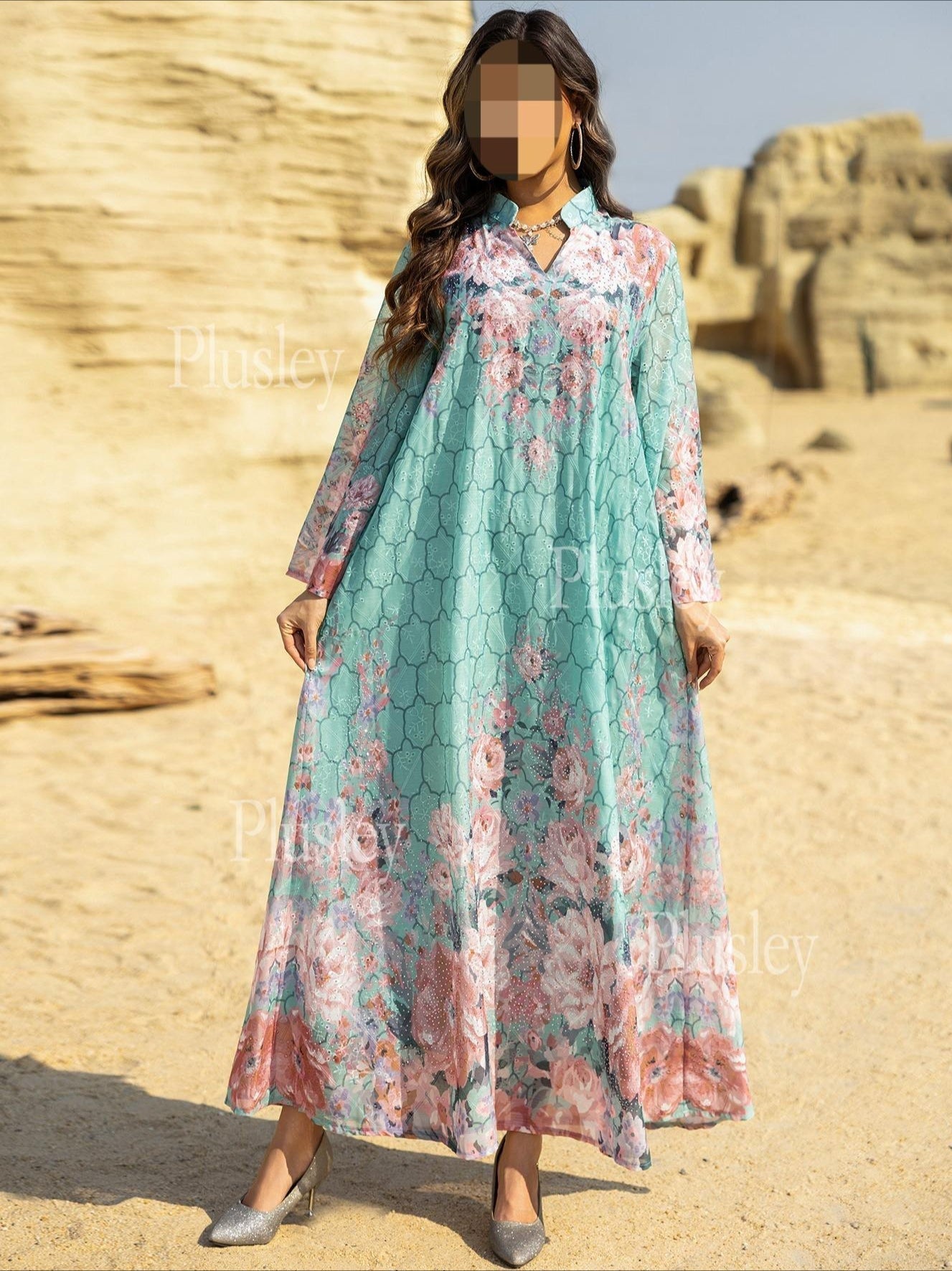 LM6636 Floral Print Embroidered Long Dress