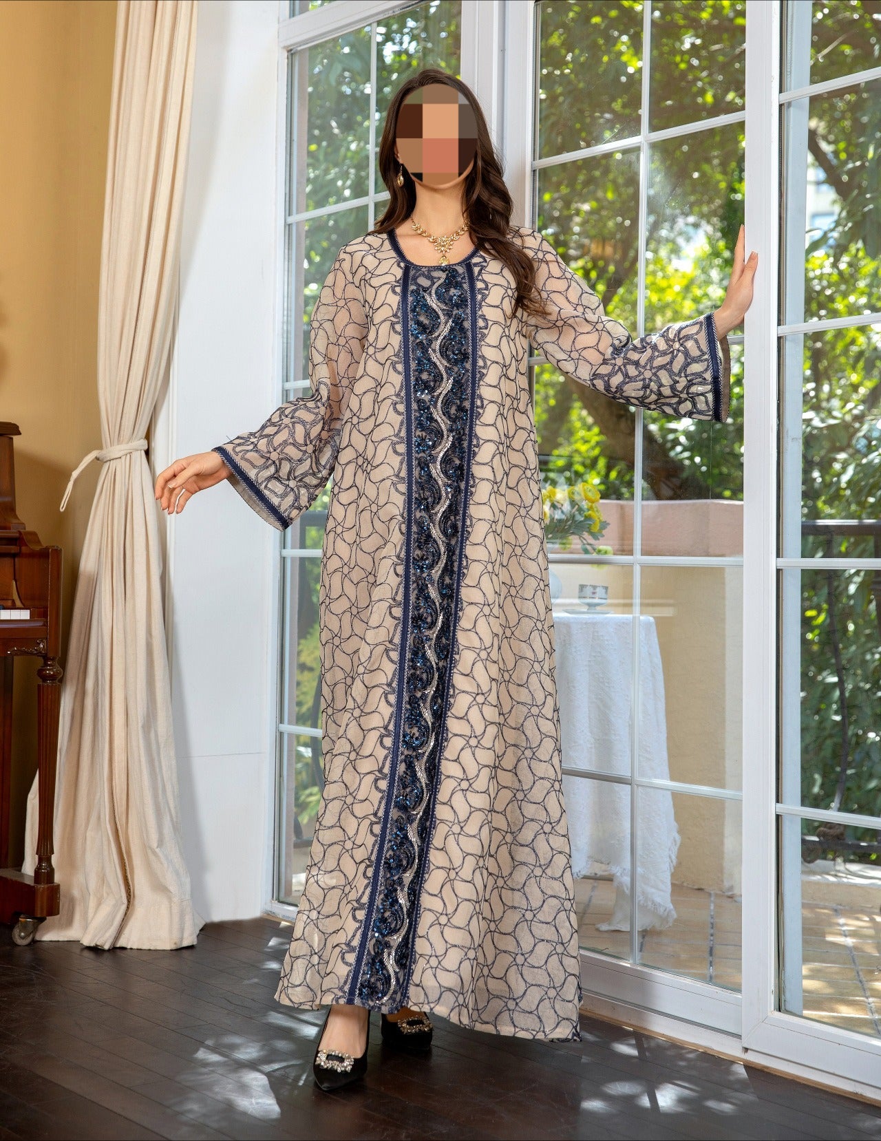 LM6668 A Simple and Elegant Long Dress Adorned with Mesh Embroidery.