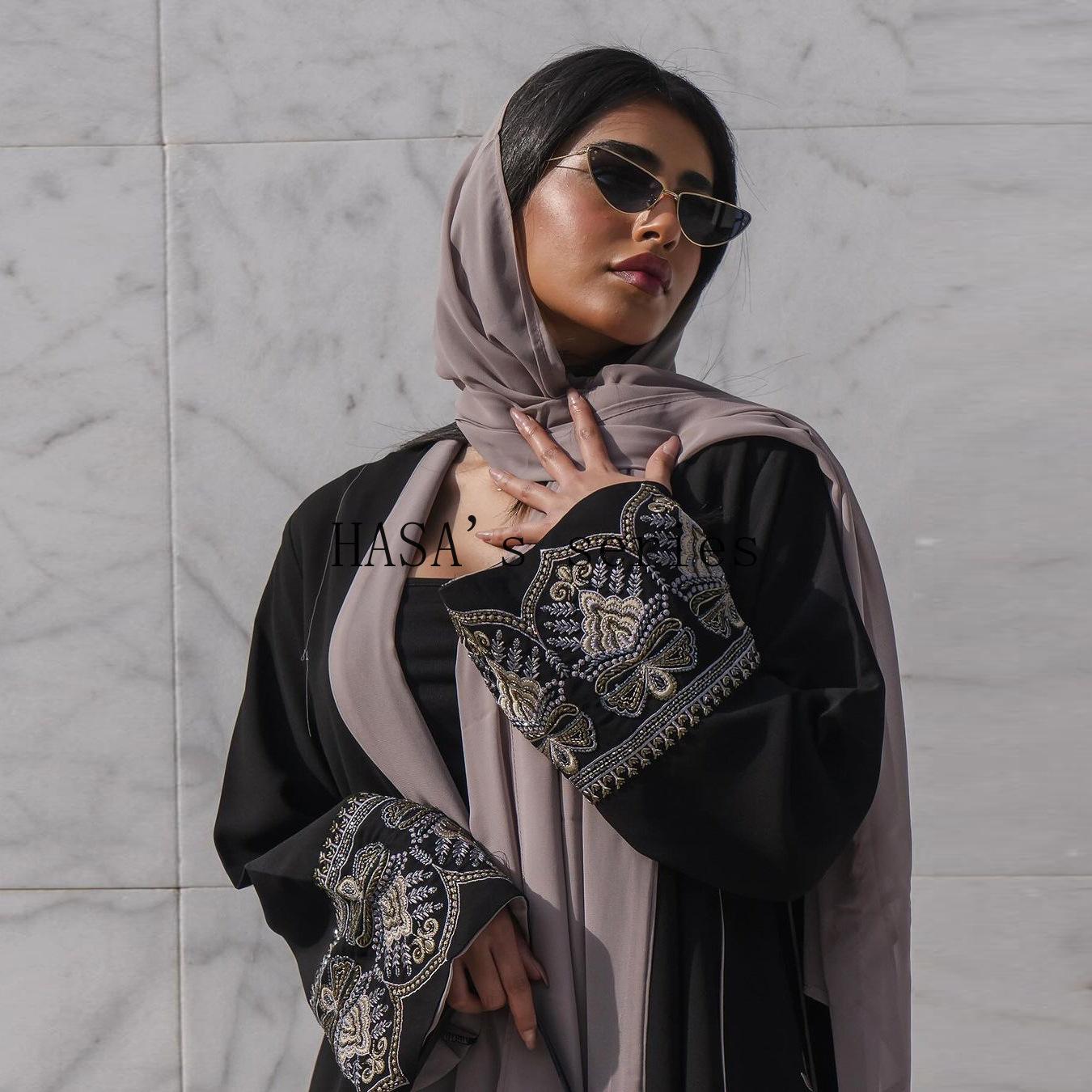 LUMAYA5090 Classic black embroidered patchwork robe, designed as a loose, open-front dress.