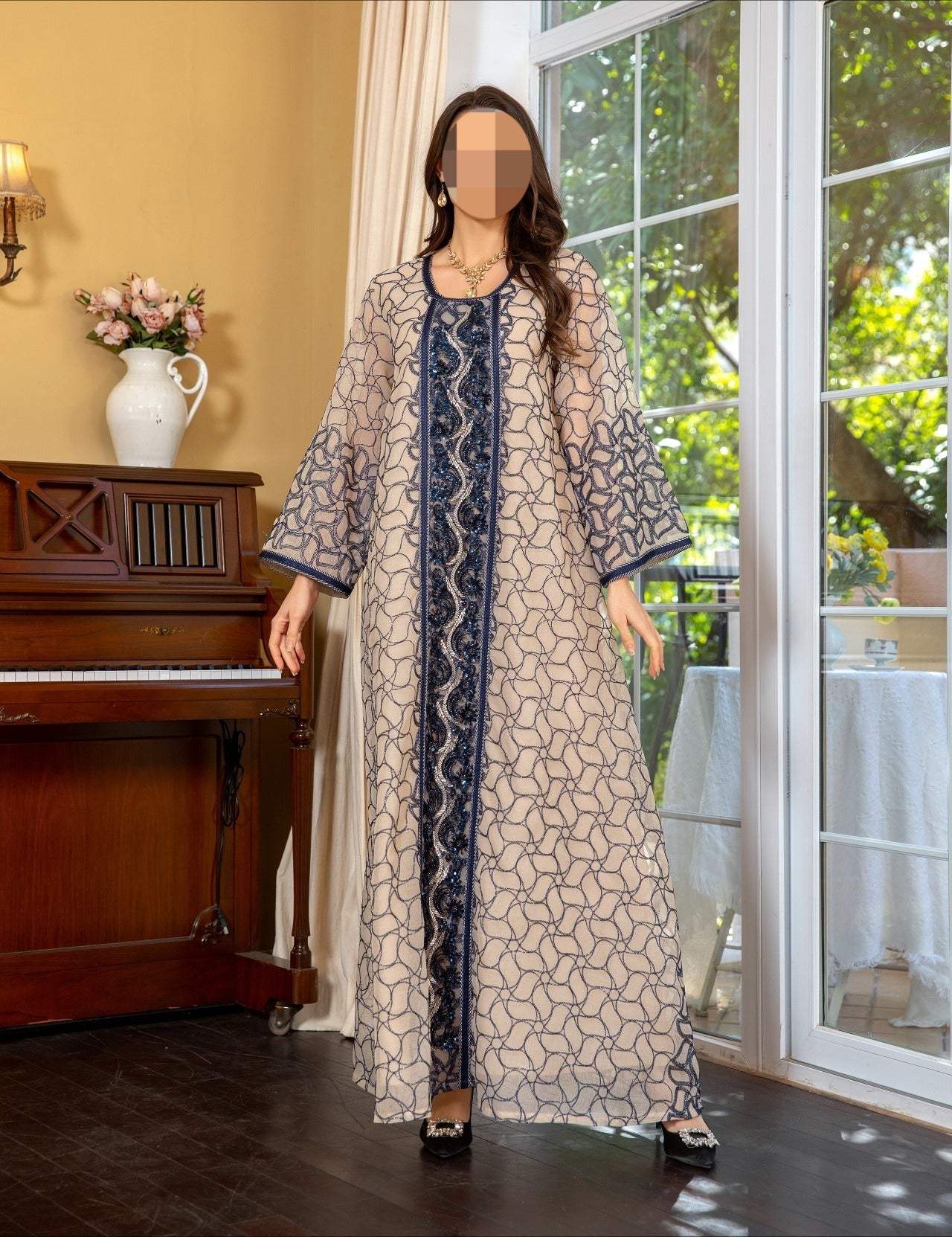 LM6668 A Simple and Elegant Long Dress Adorned with Mesh Embroidery.