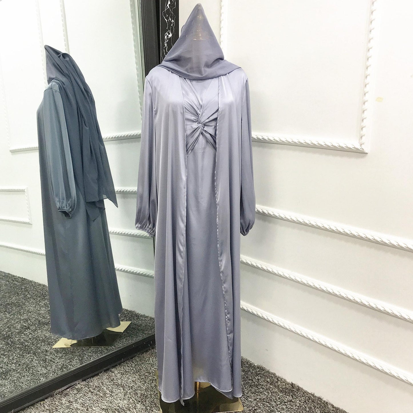 LUMAYA10061 Fashion solid colour two-piece dress cardigan set Abaya