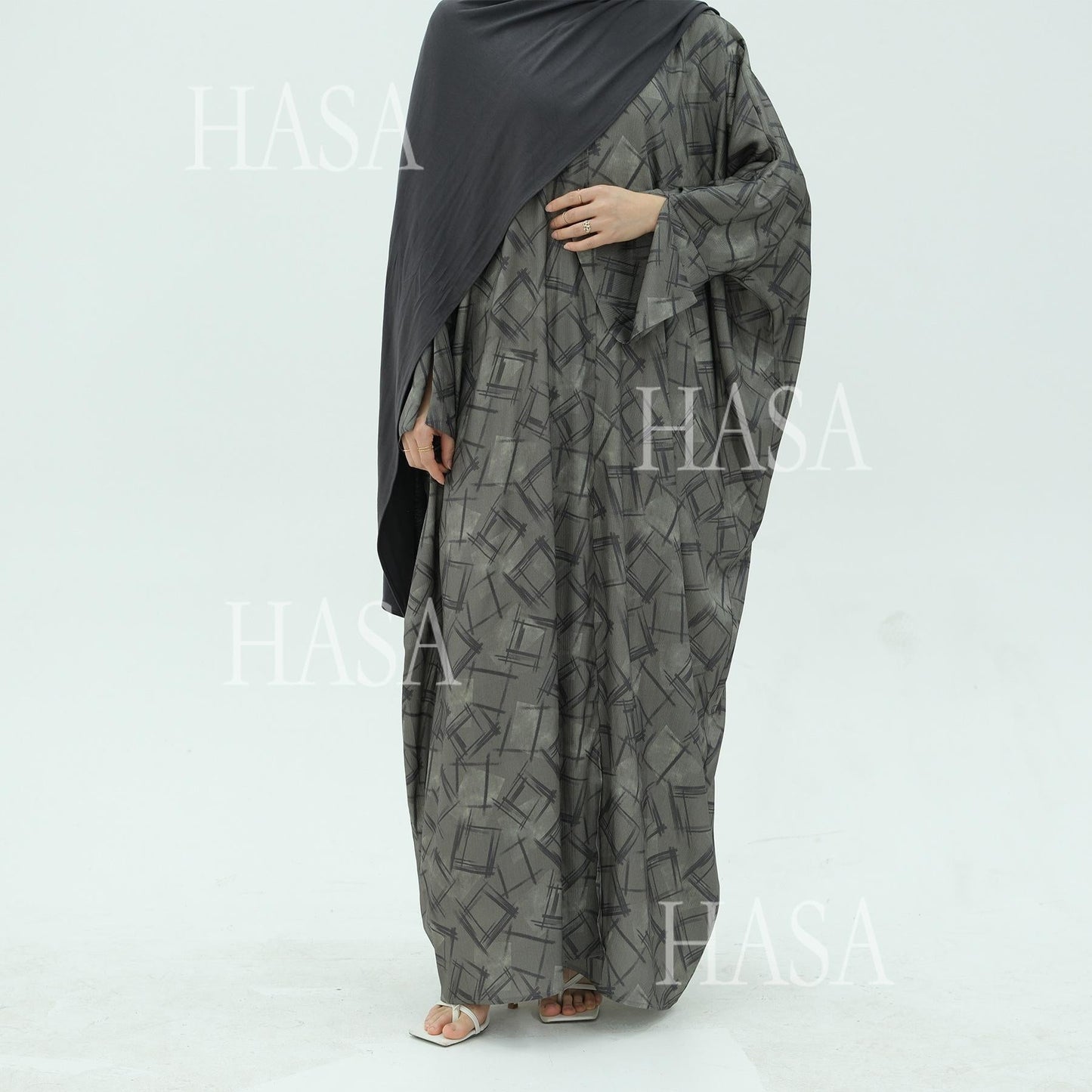LUMAYA6504 Grey geometric print long cardigan Abaya (headscarf not included)