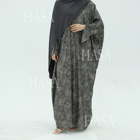 LUMAYA6504 Grey geometric print long cardigan Abaya (headscarf not included)