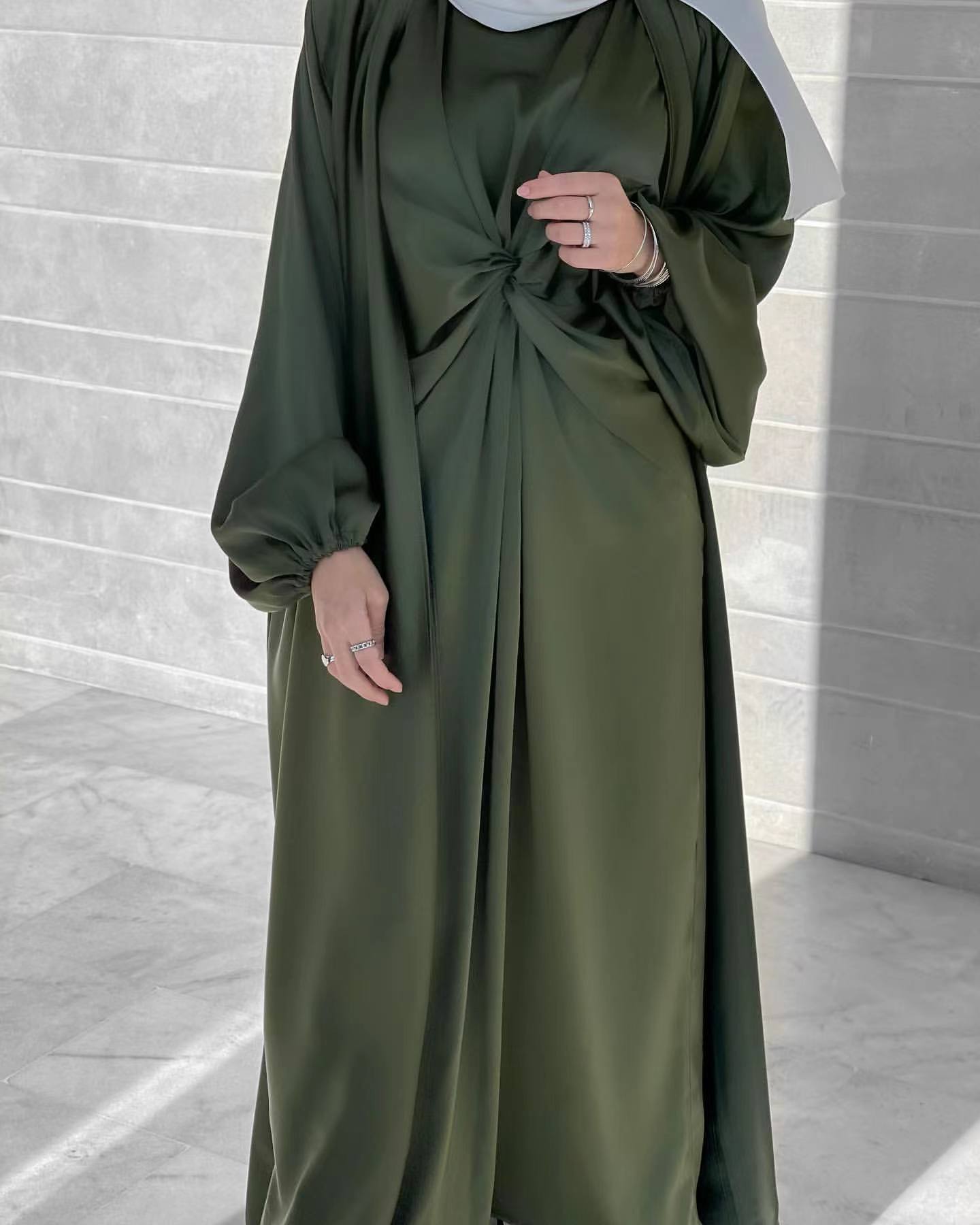 LUMAYA10061 Fashion solid colour two-piece dress cardigan set Abaya