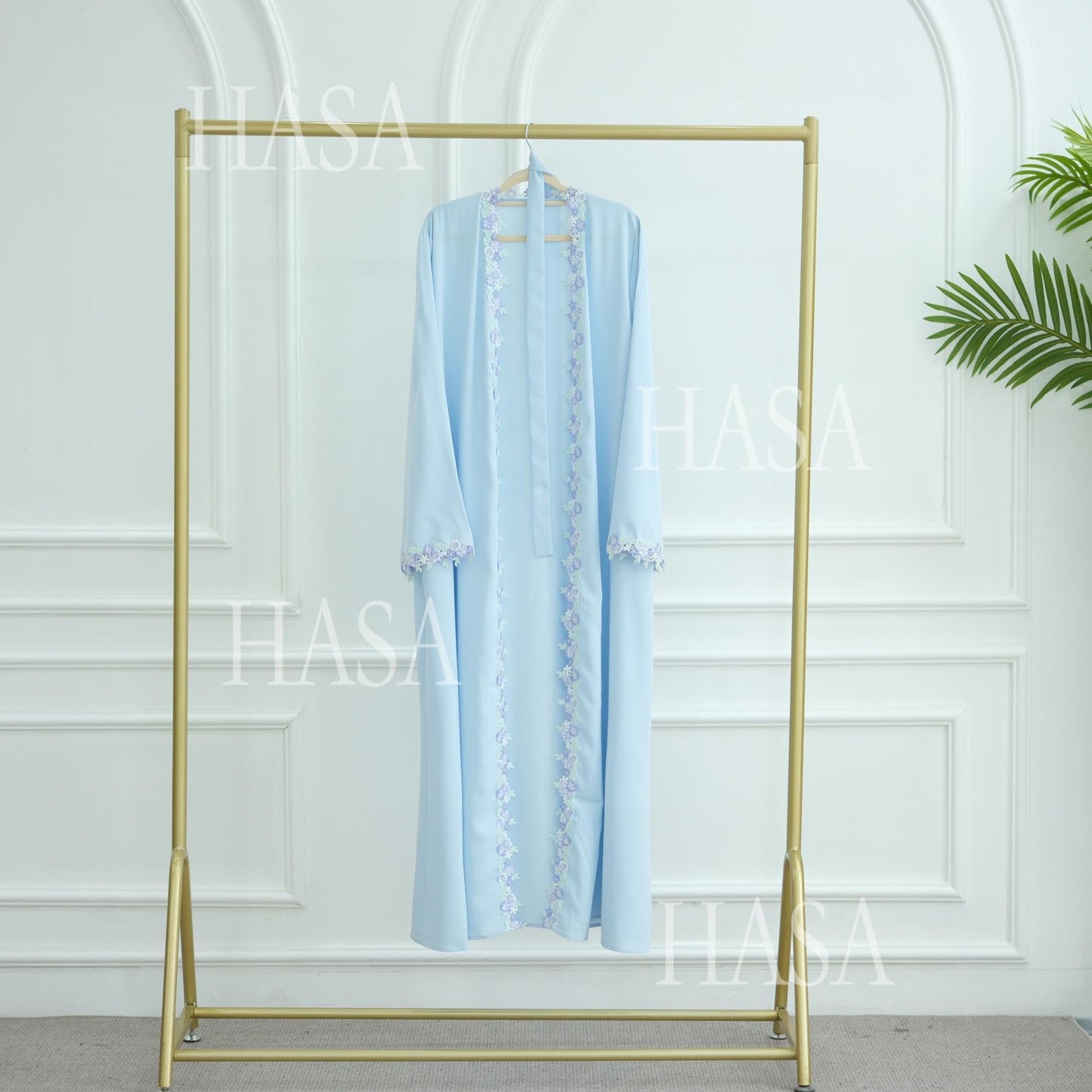 HA6562 Blue Bow Embroidered Abaya Tunic Cardigan