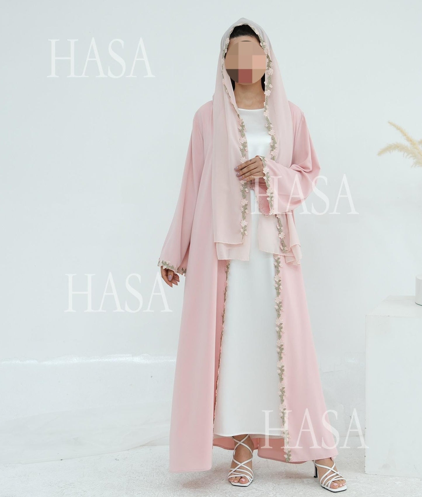 LM6618 Pink Flower Stitching Cardigan Two-Piece Set (Including Headscarf)