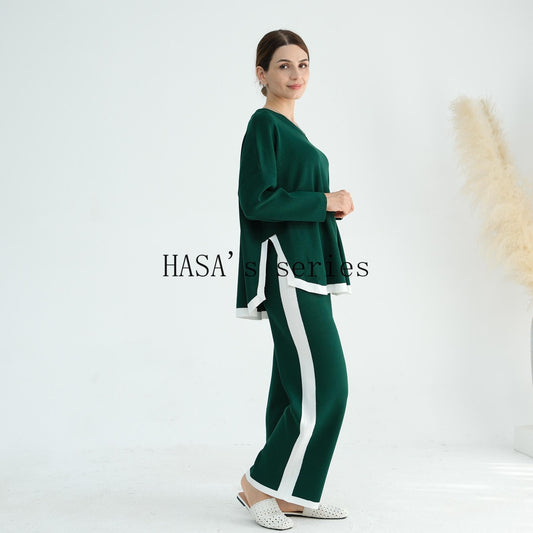 LUMAYA5149 Simple and elegant knitted set, featuring a loose-fitting, thick, long-sleeved two-piece design.