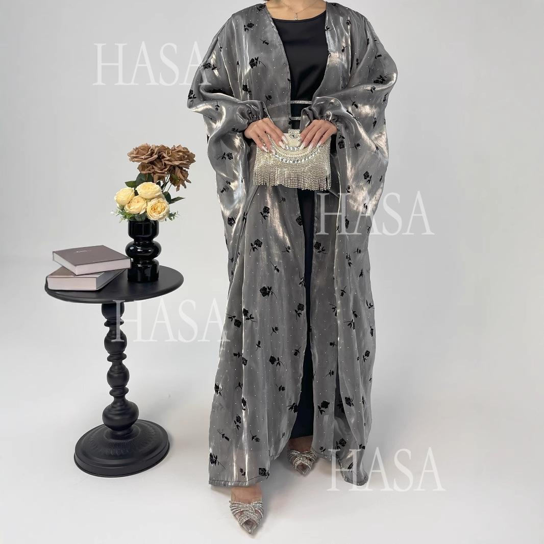 LUMAYA6536 Elegant Rose Pattern Abaya Outer Dress Set