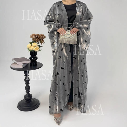 LUMAYA6536 Elegant Rose Pattern Abaya Outer Dress Set