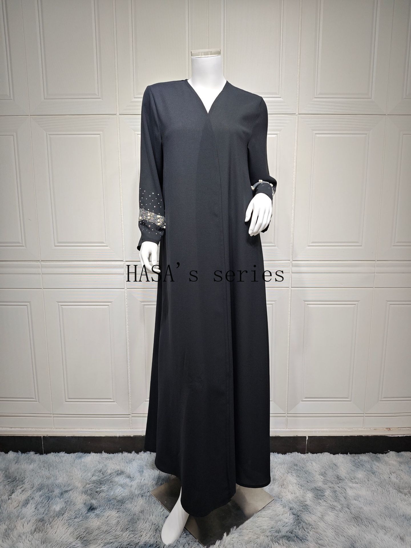 LUMAYA5097 Elegant Black Rhinestone-embellished Gown, Two-piece Beaded Set with Headscarf.