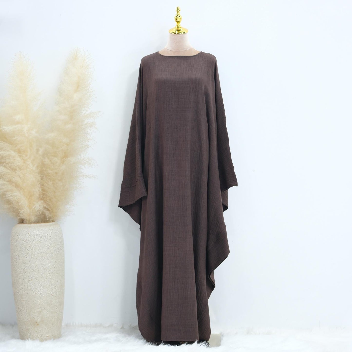 LUMAYA LM1177 Waist Raging Bat Sleeves Dress Crepe Kaftan with Built-in Belt