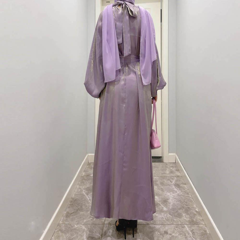 LUMAYA10043 LUMAYA  Large Lantern Sleeves Long Bright Silk Dress Stand Up Collar Back Tie Women's Dress Abaya