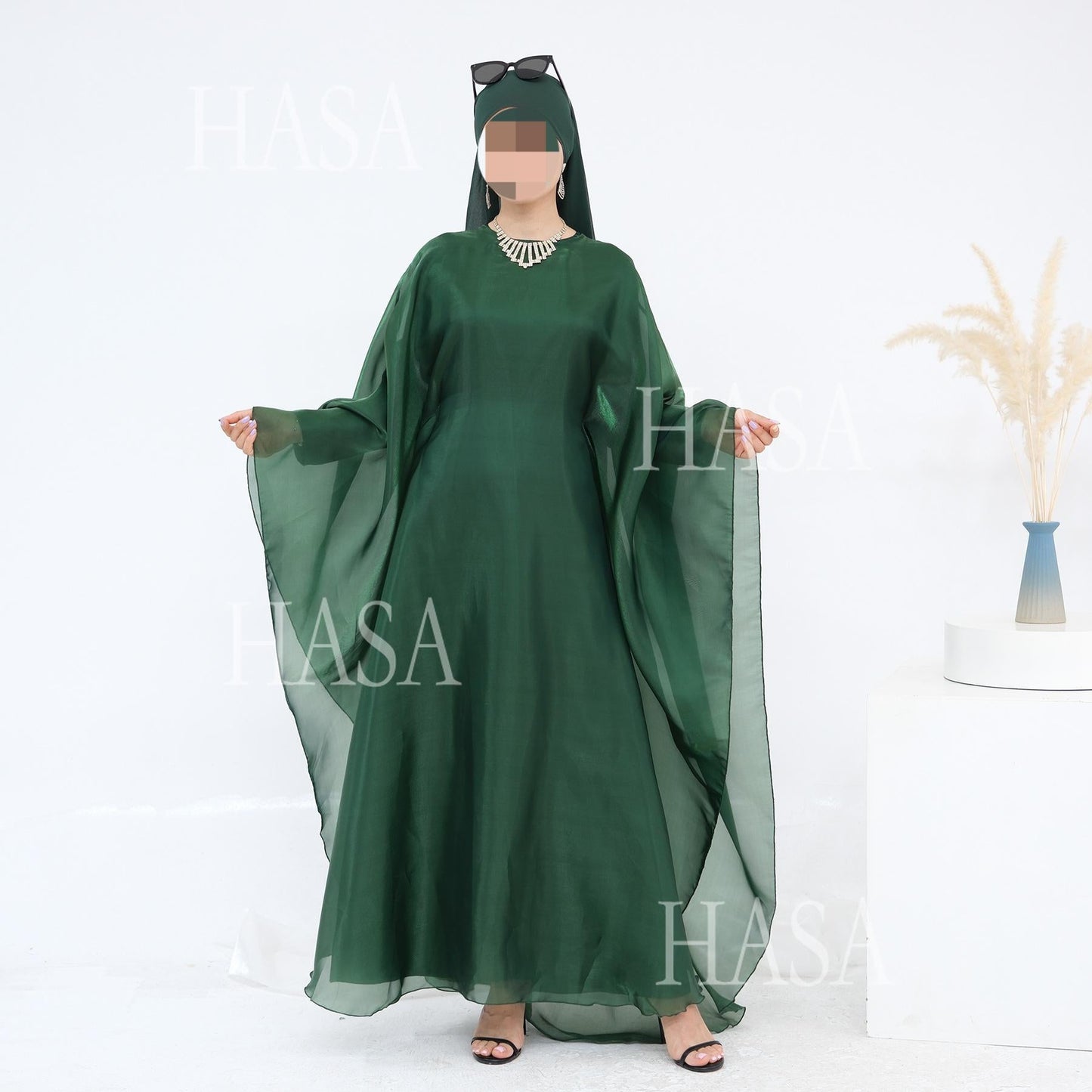 LUMAYA6524 Elegant two-piece solid-color robe and dress with optional headscarf