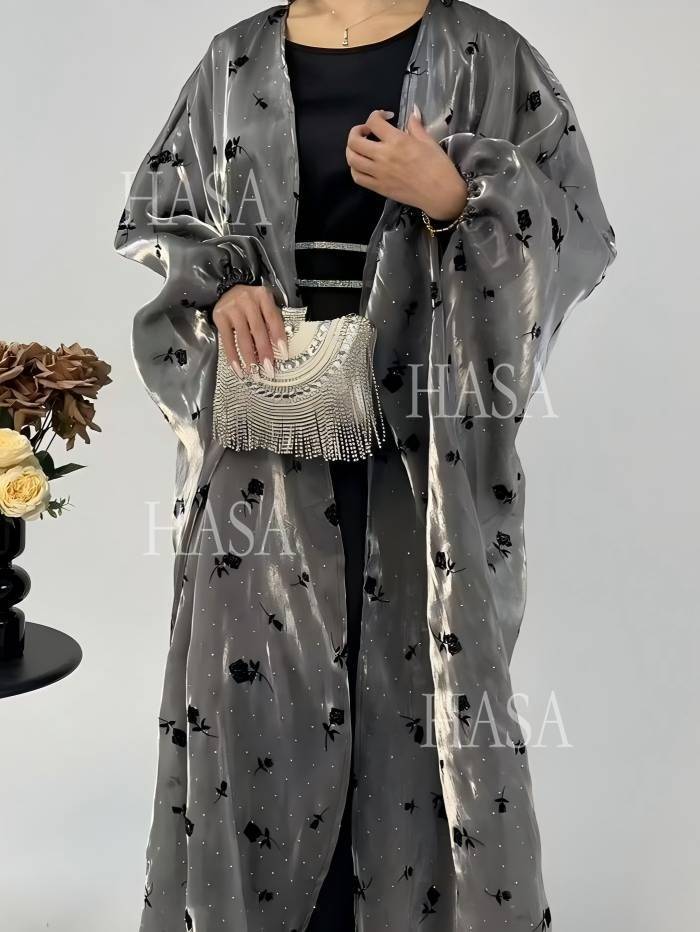 LUMAYA6536 Elegant Rose Pattern Abaya Outer Dress Set