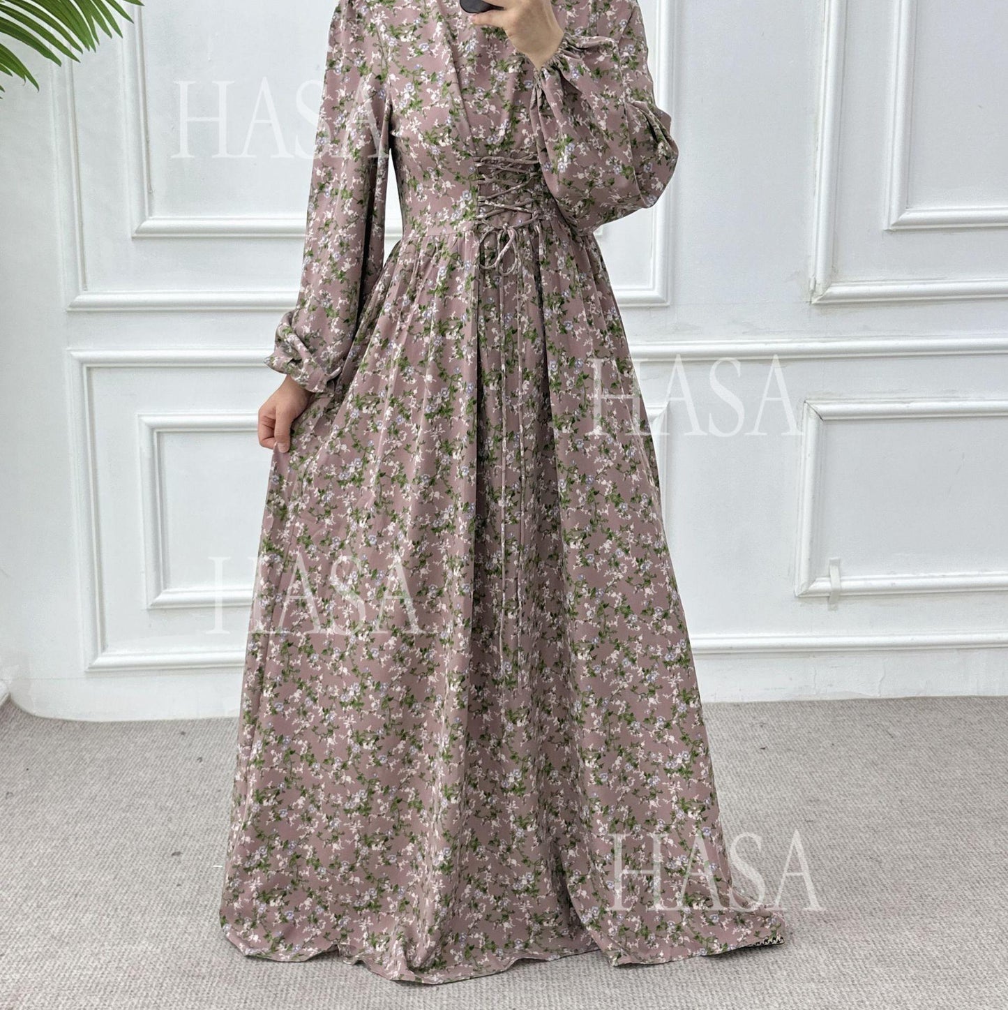 LUMAYA6489 Long-sleeved Floral Maxi Dress with Natural Waist