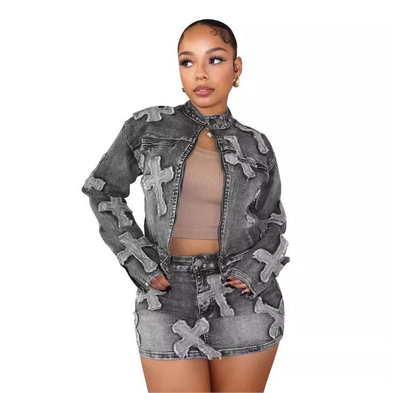 LUMAYA6391 Primavera Nuovo Set Gonna in Denim Set Giacca Gonna Ricamata in Denim