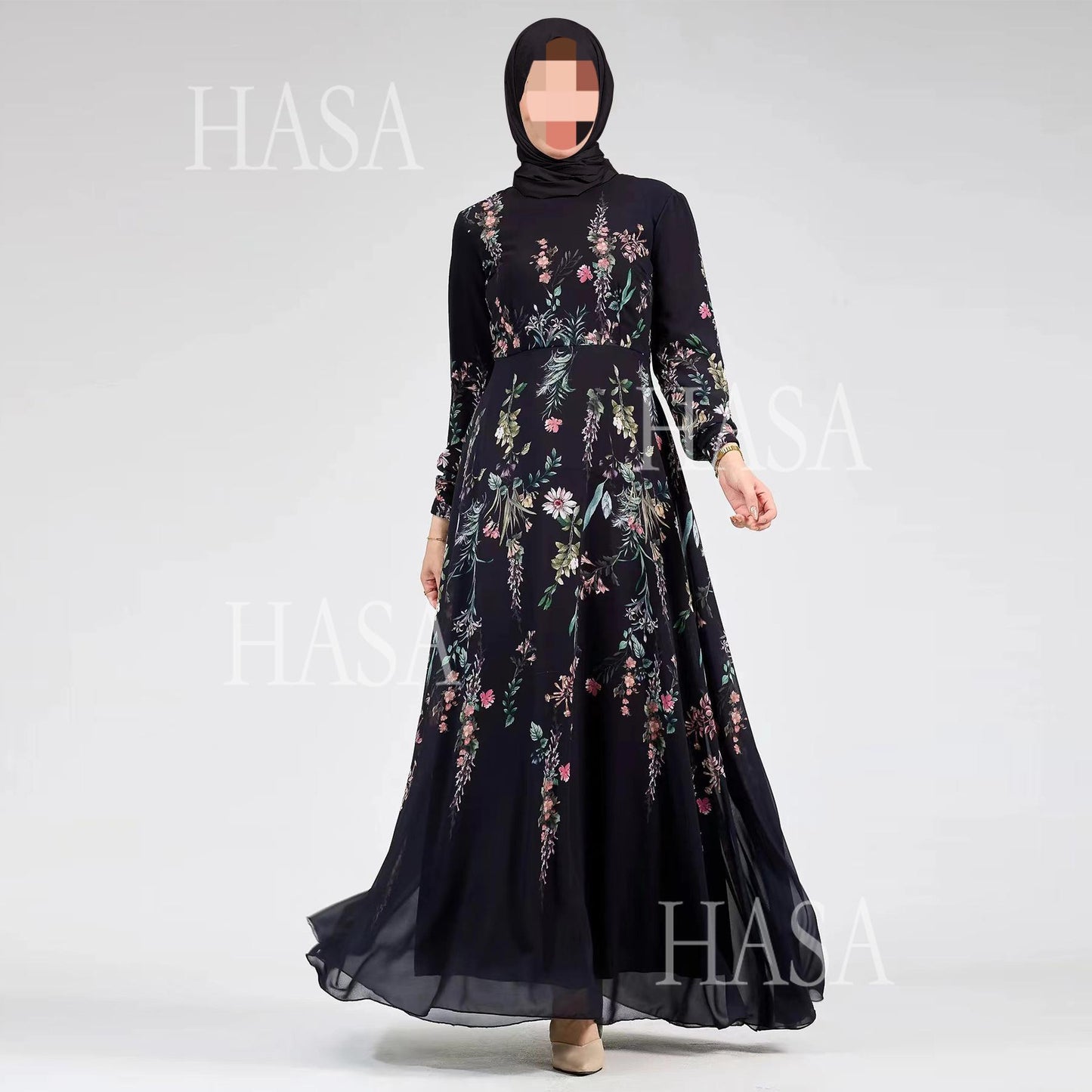 LUMAYA6531 Chiffon Printed Ankle-Length Maxi Dress with Long Sleeves
