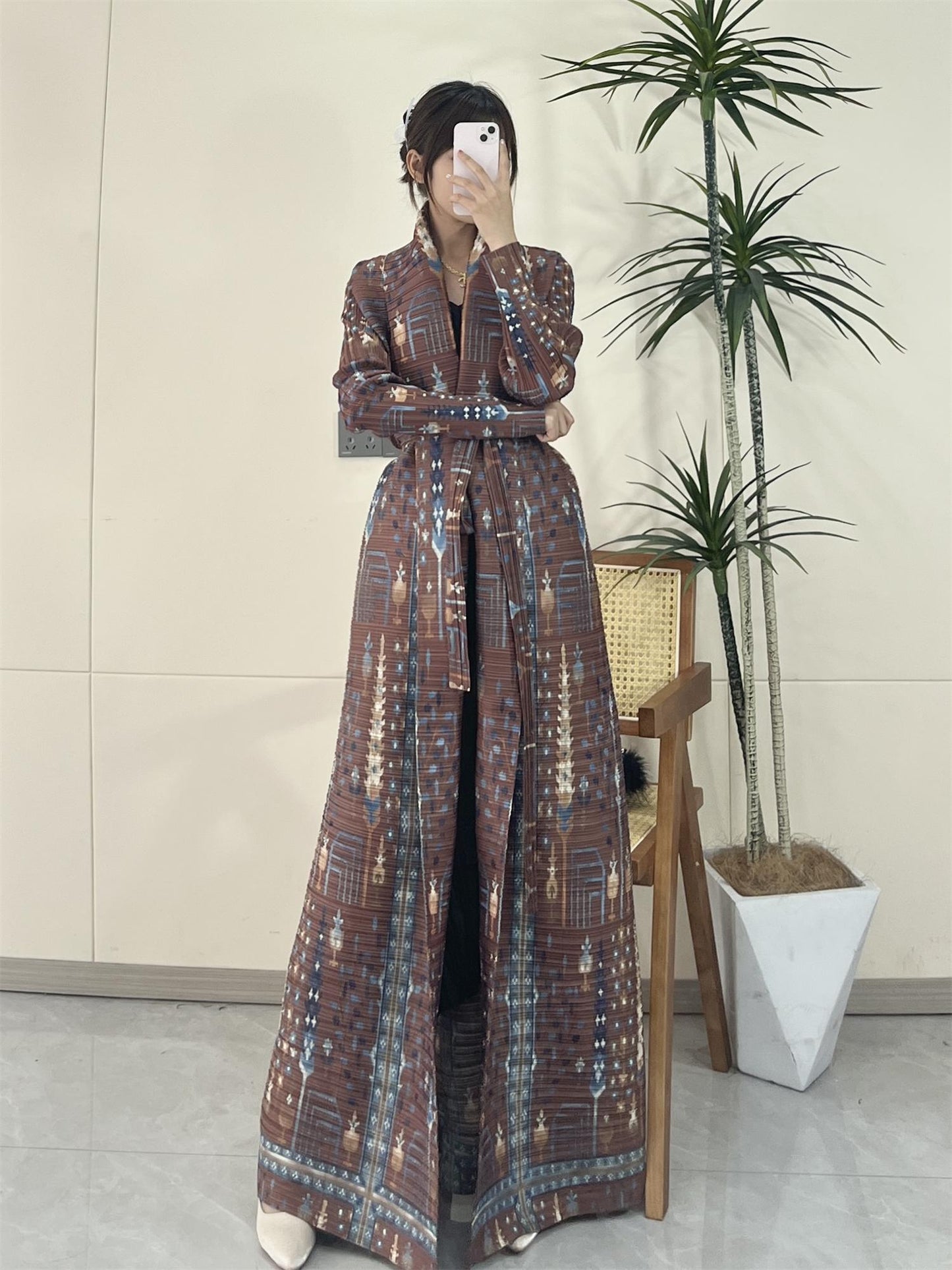 LUMAYA5848 Retro Brown Textured Open-front Long Coat