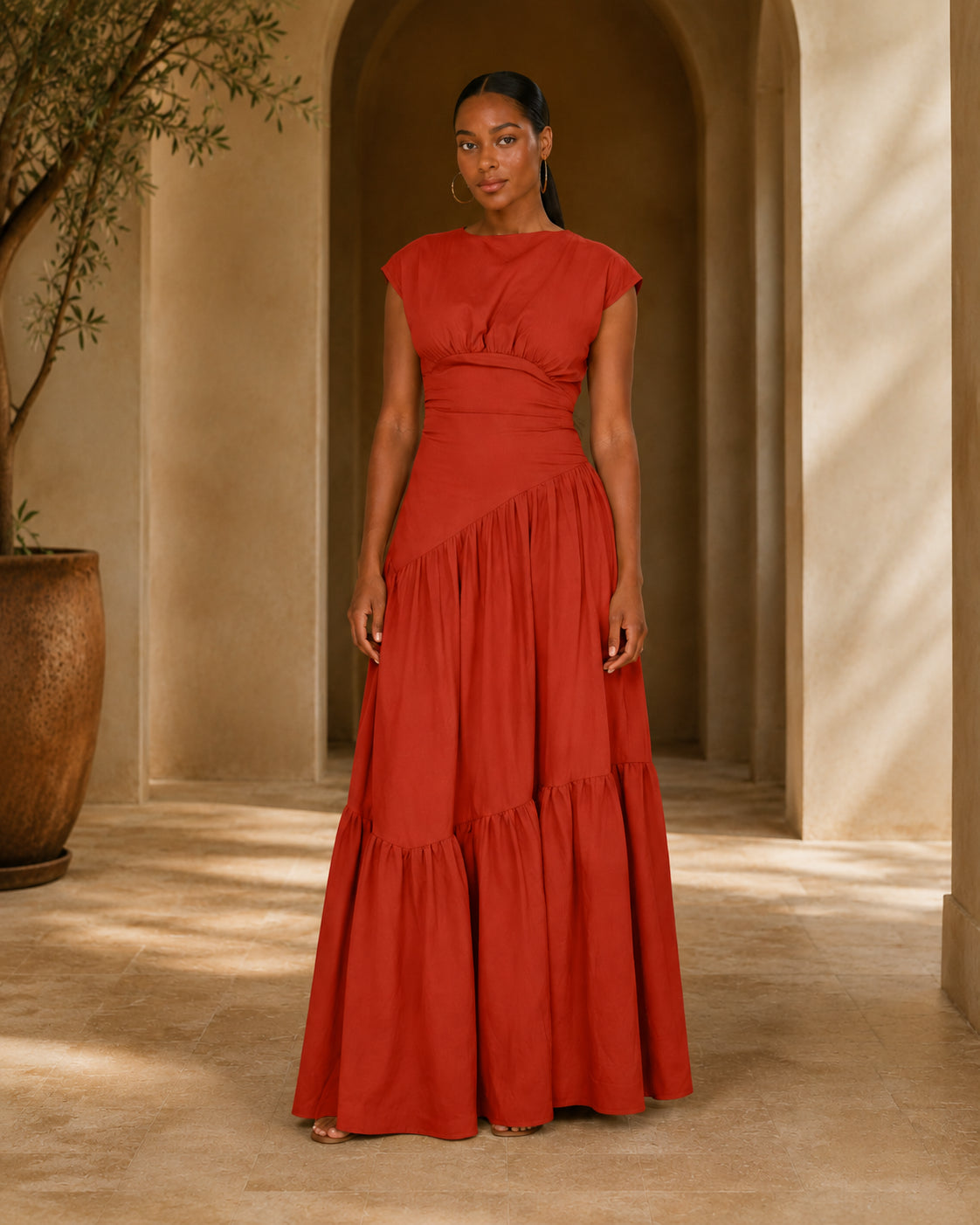LM1641 Women's Sleeveless Pleated Loose Fit Maxi Dress