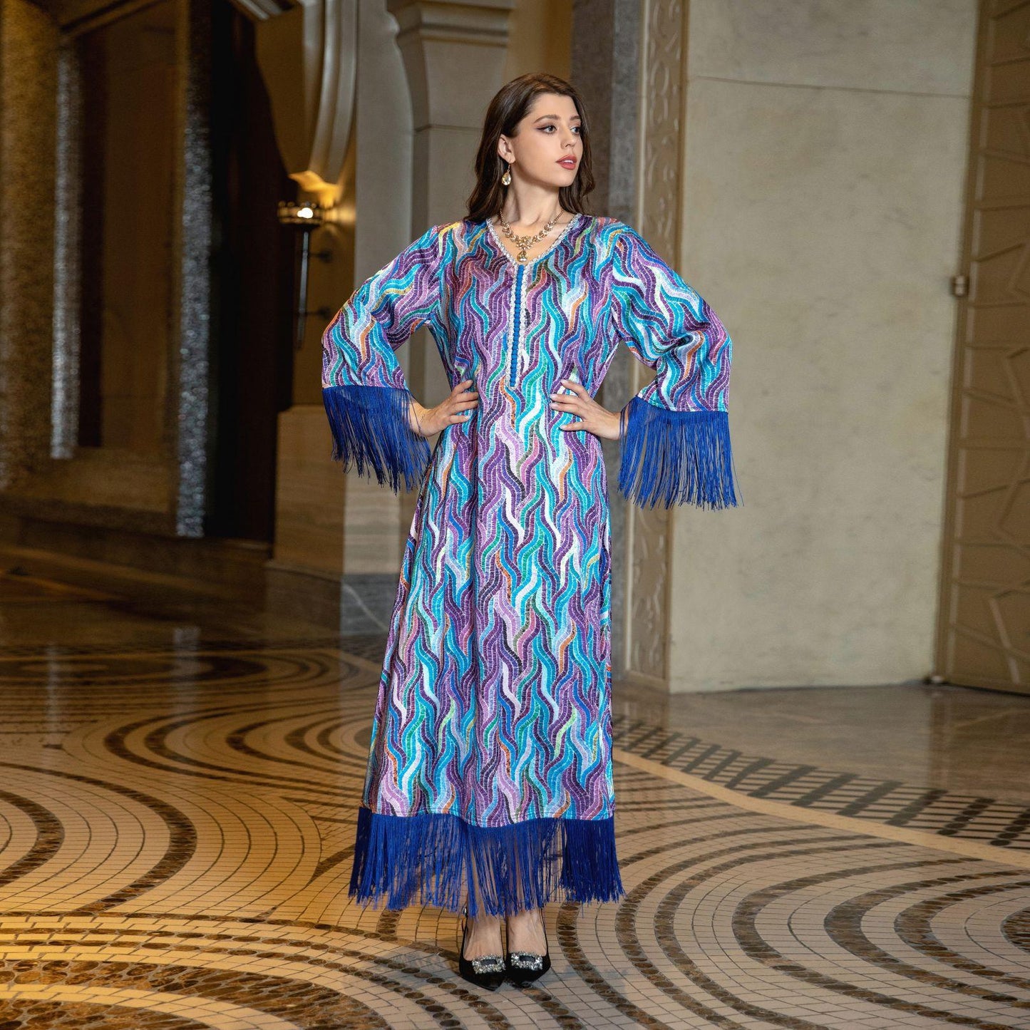 LUMAYA LUMAYA0521 Middle East Arab Dubai Muslim Robe Ladies Printed Casual Jalabiya Ethnic Clothing