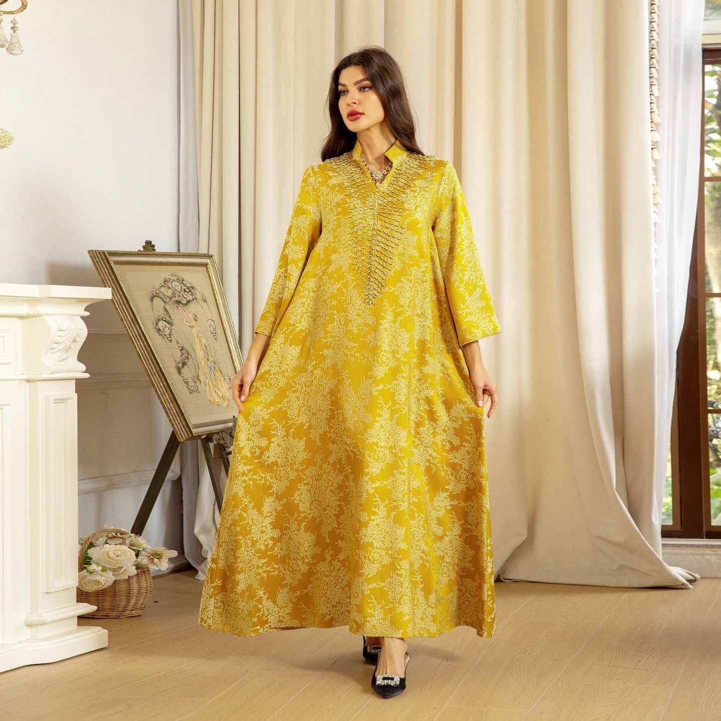 LM6660 Jacquard fabric embroidered beaded robe dress with rich design features