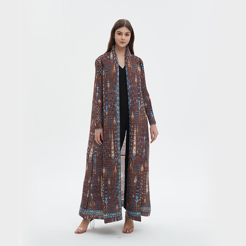 LUMAYA5848 Retro Brown Textured Open-front Long Coat
