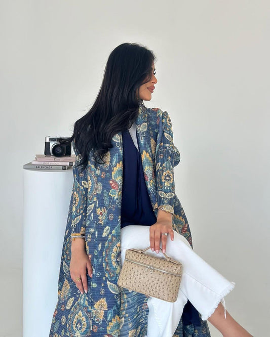 LUMAYA6708 Botanical Elegance , Teal Floral Kimono-Style Abaya