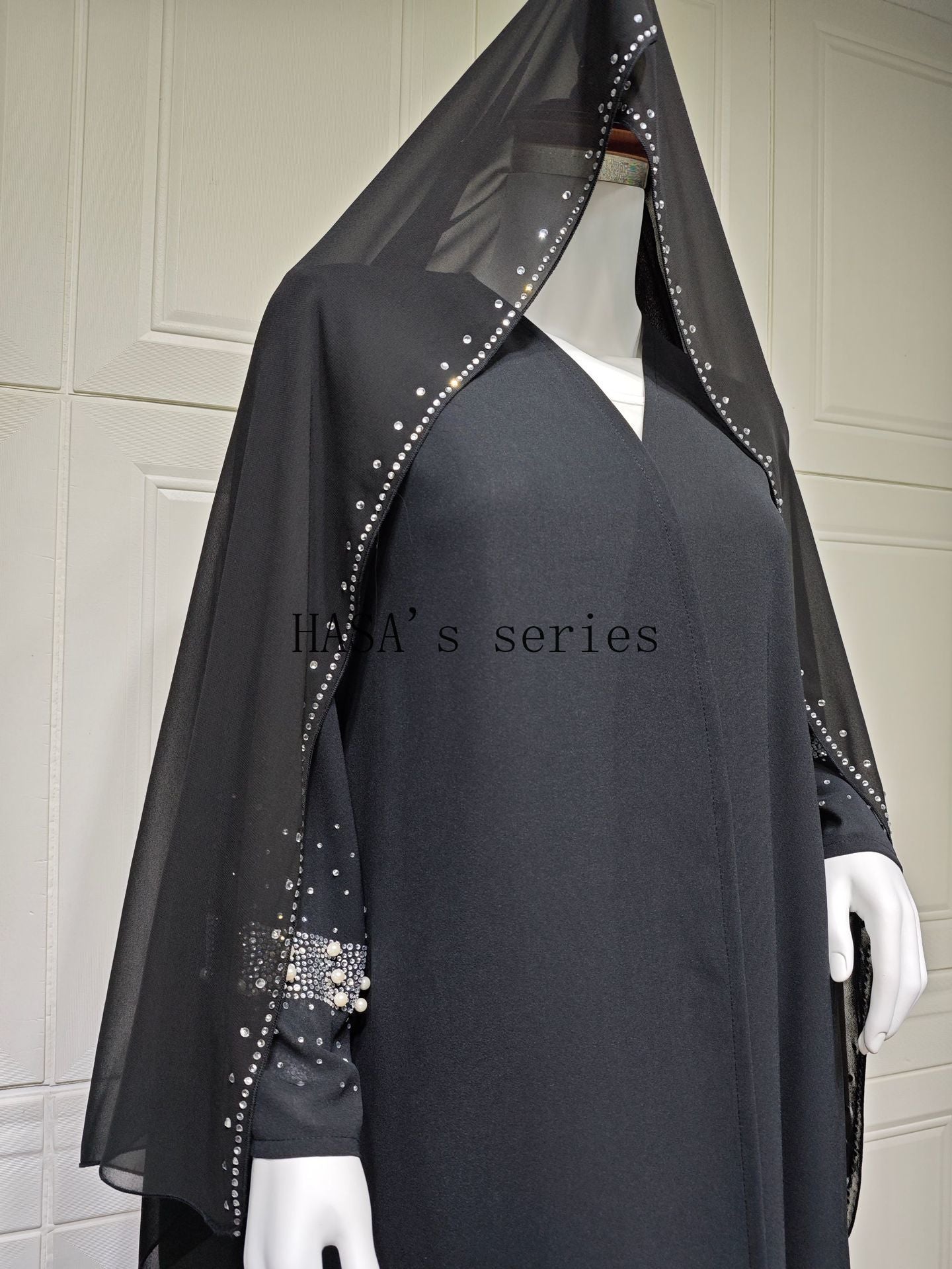 LUMAYA5097 Elegant Black Rhinestone-embellished Gown, Two-piece Beaded Set with Headscarf.