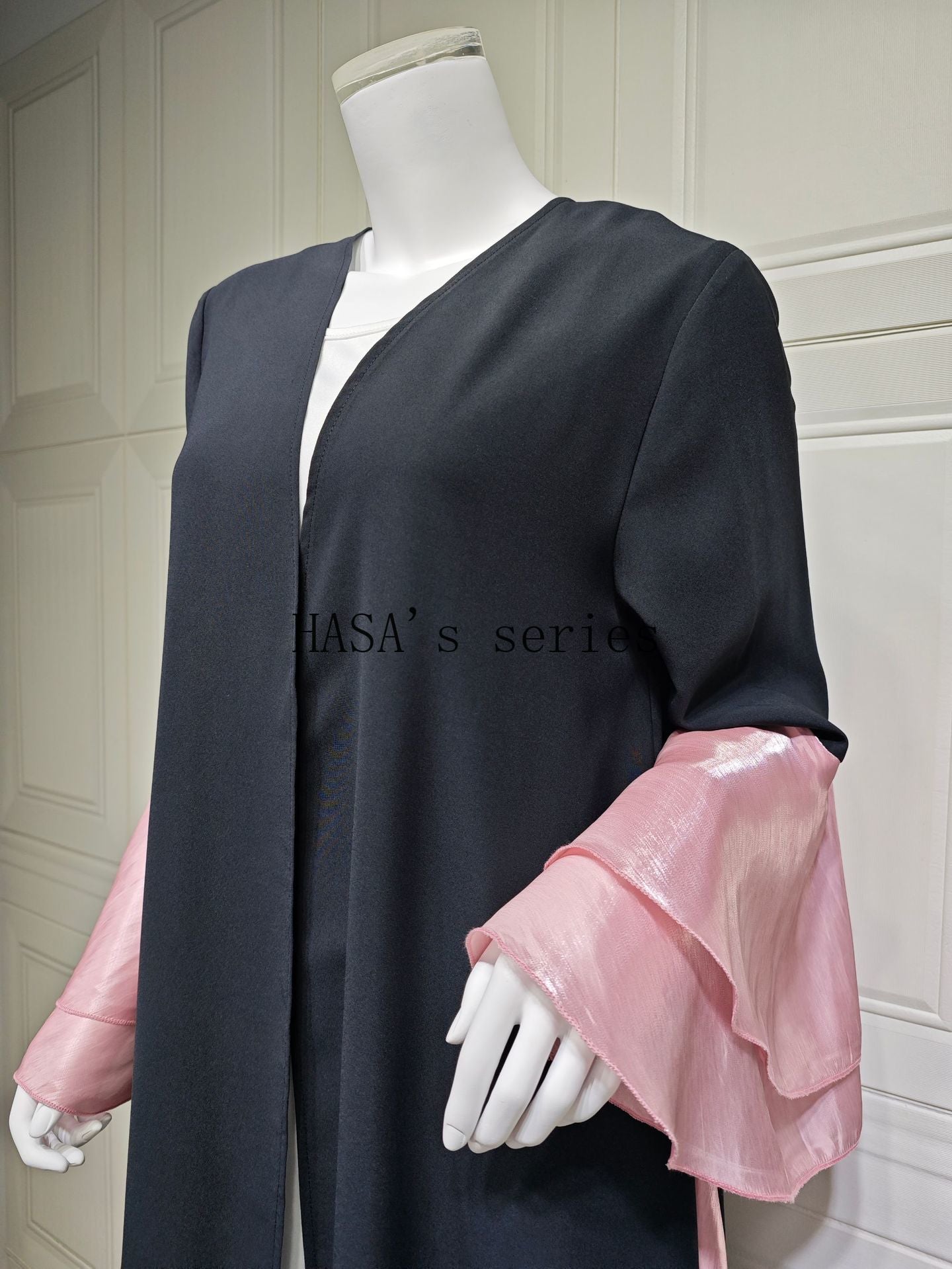 LUMAYA5106 A Soft and Elegant Long Satin Dress with Classic Design and Ruffled Sleeves.