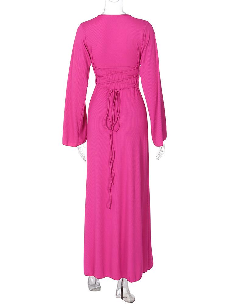 LUMAYA LUMAYA0676 Flared Long Sleeved High Waist Maxi Skirt with Lace-up Back