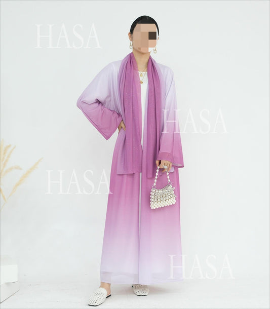 LM6617 Gradient Color Long Cardigan Two-Piece Set (Including Headscarf)