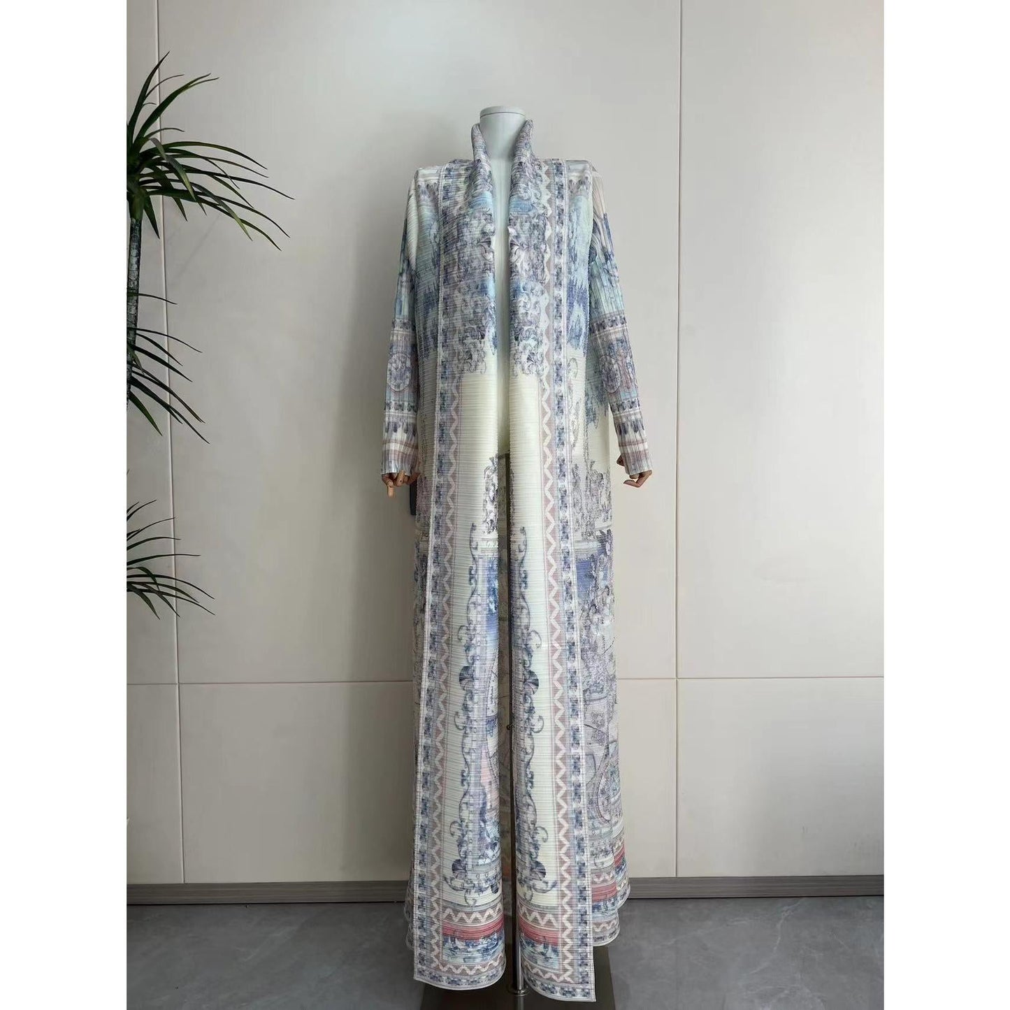 LUMAYA5840 Light-colored, All-over Print, Open-front Long Coat